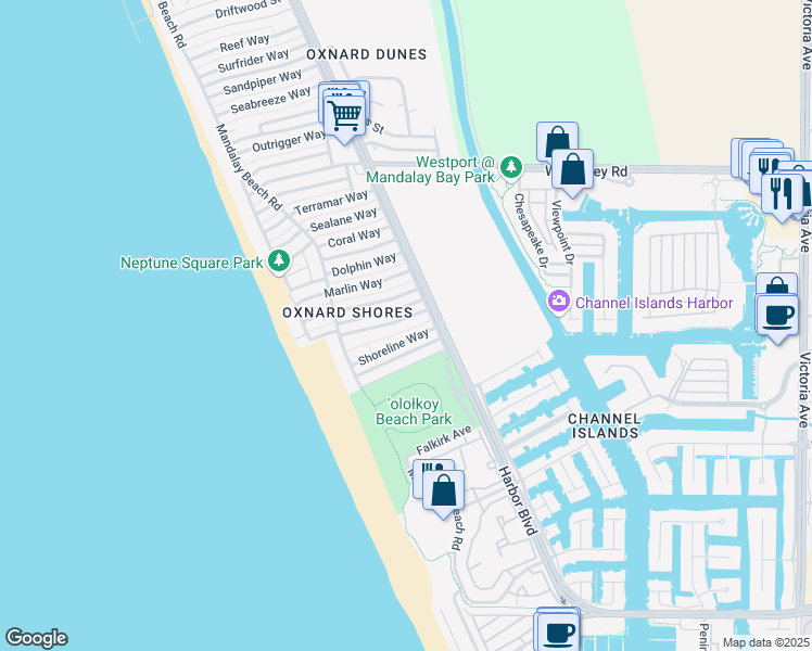map of restaurants, bars, coffee shops, grocery stores, and more near 4850 Amalfi Way in Oxnard