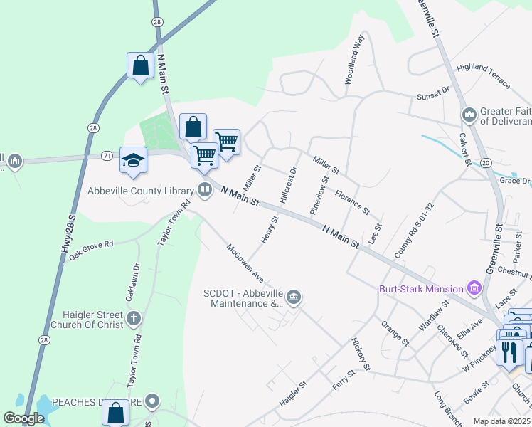map of restaurants, bars, coffee shops, grocery stores, and more near 1303 North Main Street in Abbeville