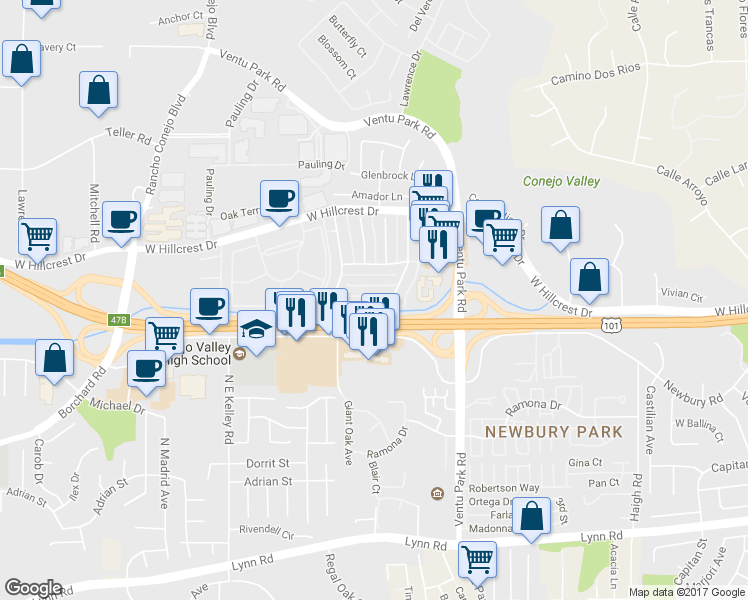 map of restaurants, bars, coffee shops, grocery stores, and more near 1667 Calle Zafiro in Thousand Oaks