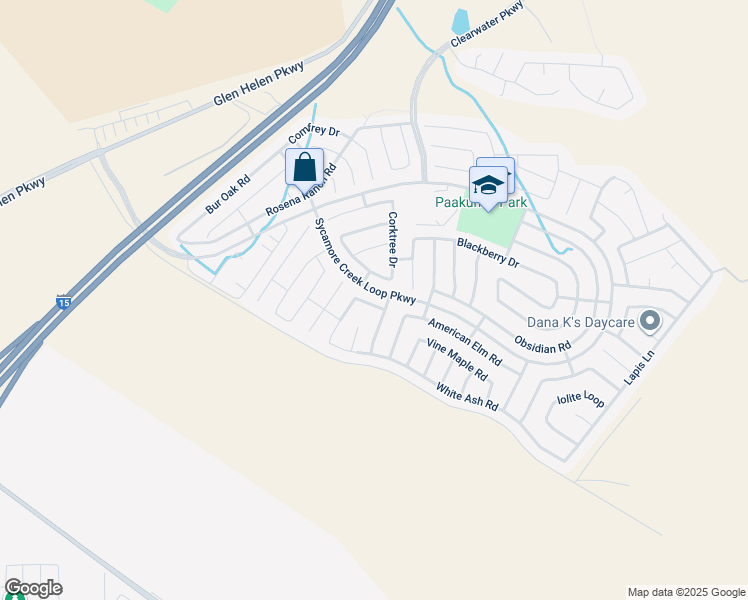 map of restaurants, bars, coffee shops, grocery stores, and more near 3648 Fawn Lily Lane in San Bernardino