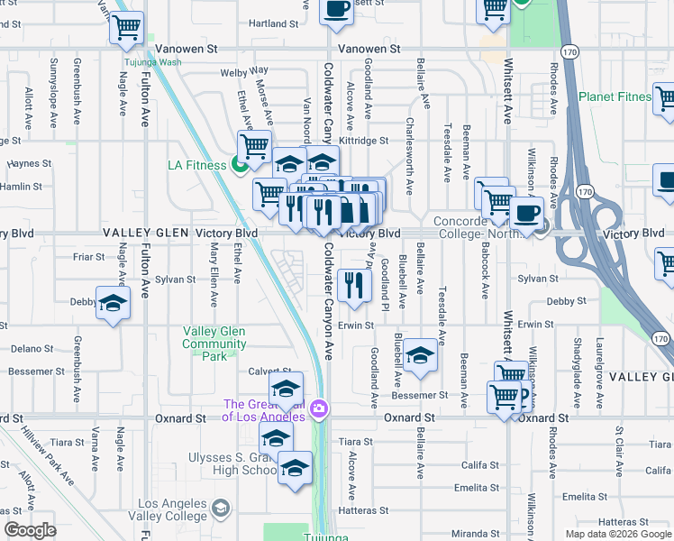 map of restaurants, bars, coffee shops, grocery stores, and more near 6308 Coldwater Canyon Avenue in Los Angeles