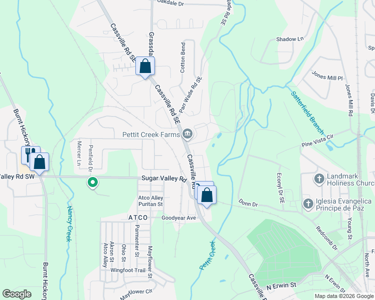 map of restaurants, bars, coffee shops, grocery stores, and more near 332 Cassville Road in Cartersville