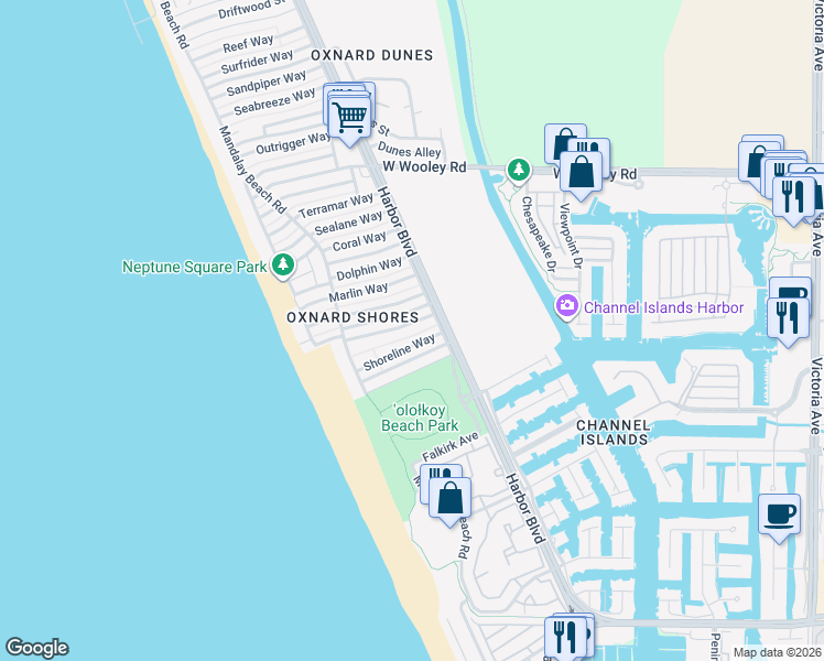 map of restaurants, bars, coffee shops, grocery stores, and more near 4850 Amalfi Way in Oxnard