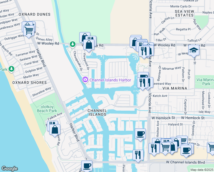 map of restaurants, bars, coffee shops, grocery stores, and more near 4214 Caribbean Street in Oxnard