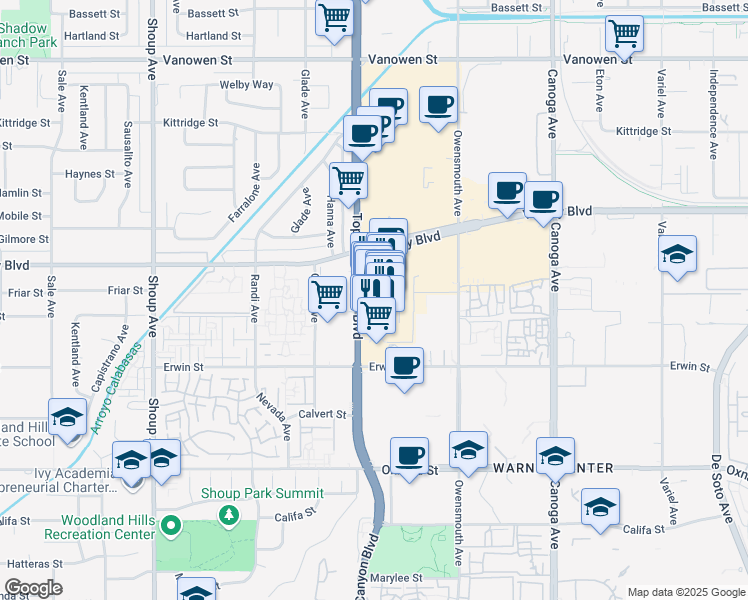 map of restaurants, bars, coffee shops, grocery stores, and more near 6320 Topanga Canyon Boulevard in Los Angeles