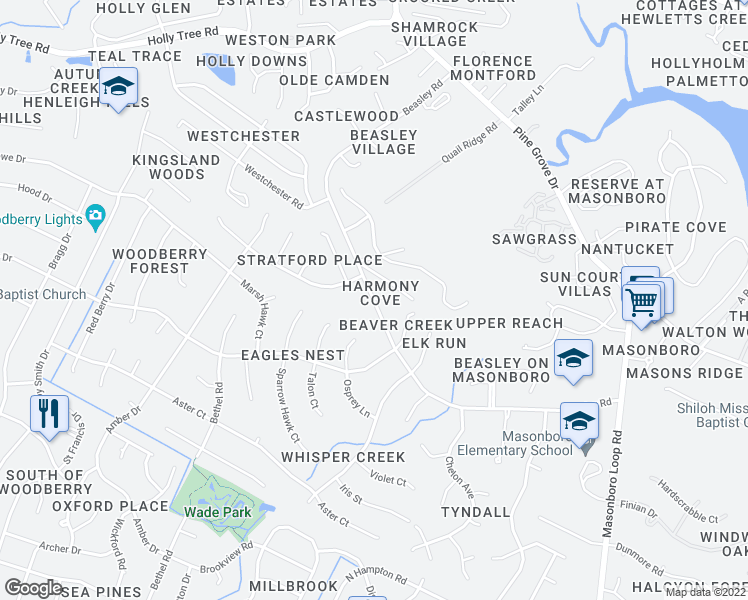 map of restaurants, bars, coffee shops, grocery stores, and more near 1108 Beasley Road in Wilmington