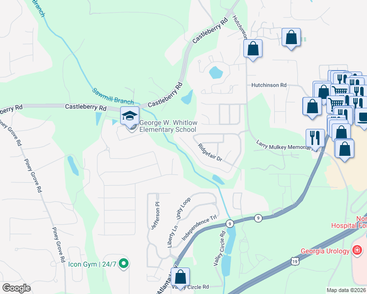 map of restaurants, bars, coffee shops, grocery stores, and more near 3340 Ridgefair Drive in Cumming