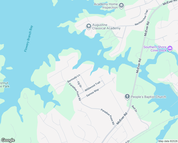 map of restaurants, bars, coffee shops, grocery stores, and more near 6566 Bermuda Lane in Flowery Branch