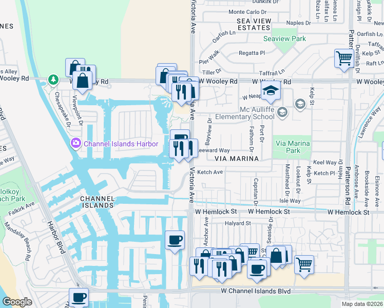 map of restaurants, bars, coffee shops, grocery stores, and more near 1601 Victoria Avenue in Oxnard