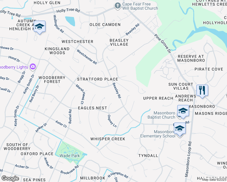 map of restaurants, bars, coffee shops, grocery stores, and more near 1104 Beasley Road in Wilmington
