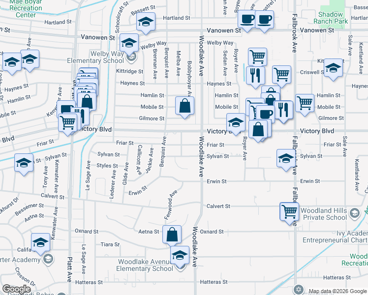 map of restaurants, bars, coffee shops, grocery stores, and more near 23244 Friar Street in Los Angeles