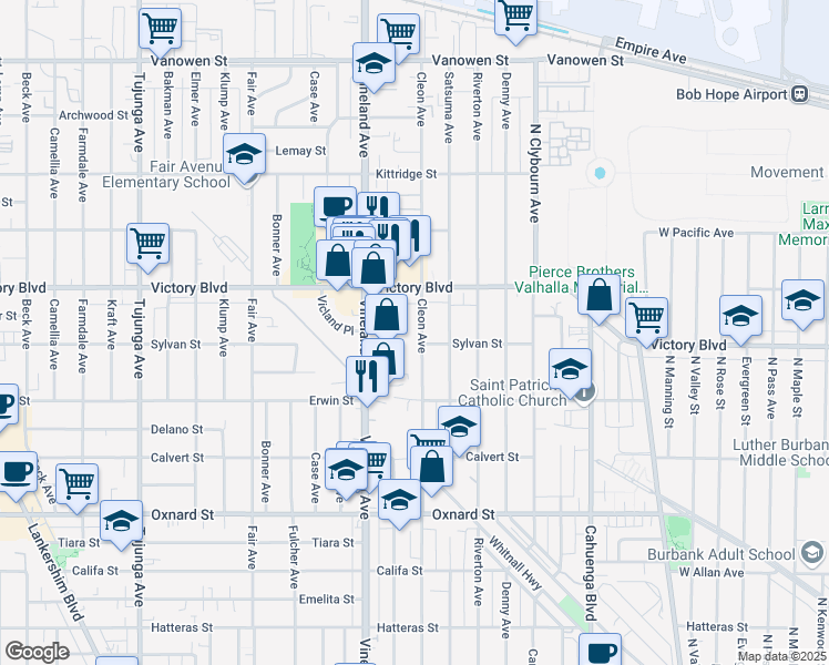 map of restaurants, bars, coffee shops, grocery stores, and more near 6311 Cleon Avenue in Los Angeles