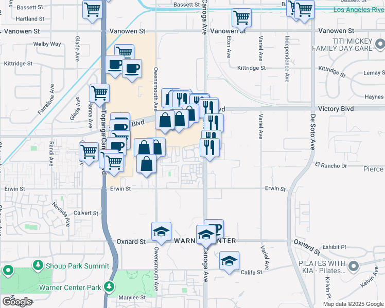 map of restaurants, bars, coffee shops, grocery stores, and more near 6333 Canoga Avenue in Los Angeles