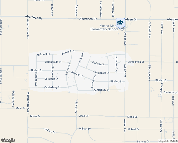 map of restaurants, bars, coffee shops, grocery stores, and more near 58207 Campanula Street in Yucca Valley
