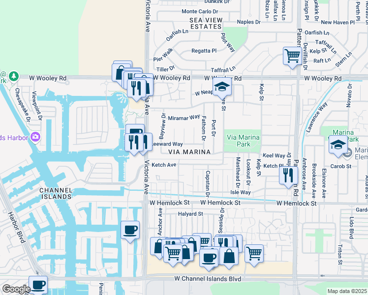 map of restaurants, bars, coffee shops, grocery stores, and more near 3621 Keel Avenue in Oxnard