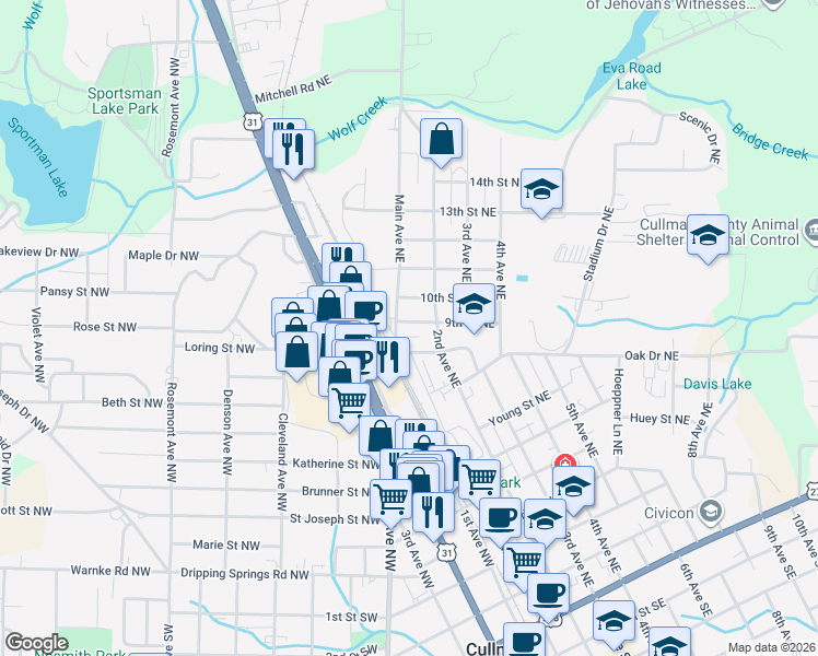 map of restaurants, bars, coffee shops, grocery stores, and more near 802 Main Avenue Northeast in Cullman