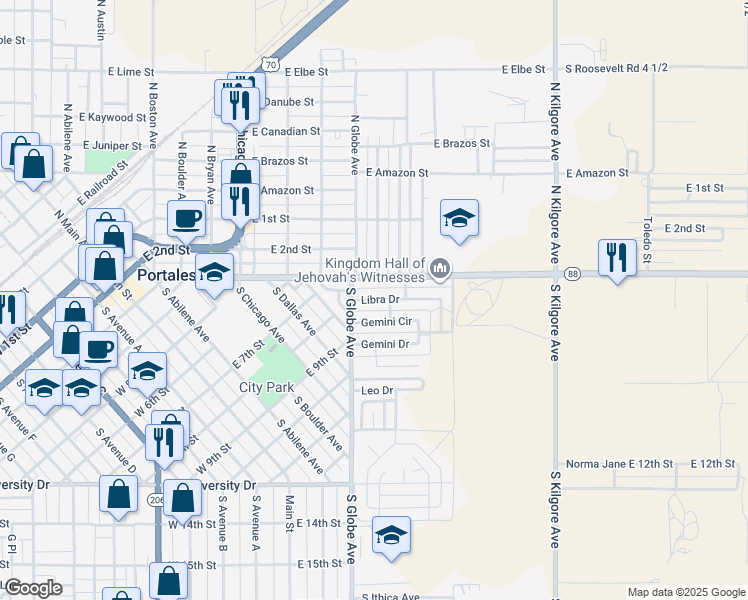 map of restaurants, bars, coffee shops, grocery stores, and more near 1112 Libra Drive in Portales