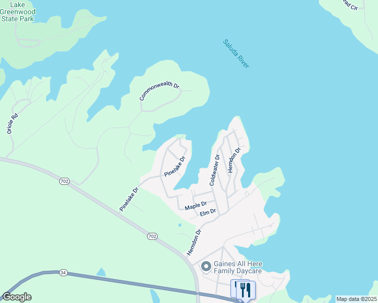 map of restaurants, bars, coffee shops, grocery stores, and more near 314 Pinelake Drive in Ninety Six