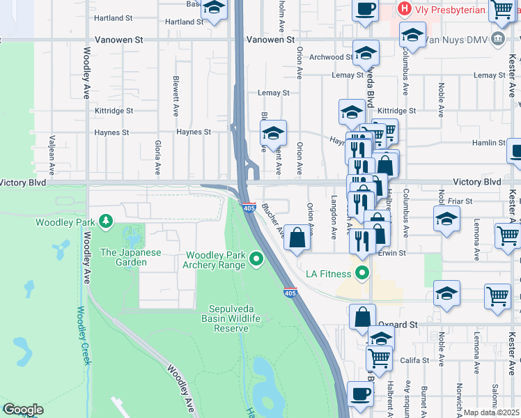map of restaurants, bars, coffee shops, grocery stores, and more near 6321 Blucher Avenue in Los Angeles