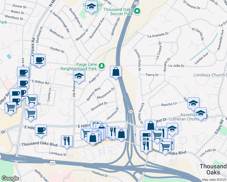 map of restaurants, bars, coffee shops, grocery stores, and more near 515 Houston Drive in Thousand Oaks