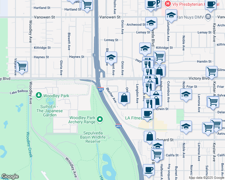 map of restaurants, bars, coffee shops, grocery stores, and more near 15506 Sylvan Street in Los Angeles