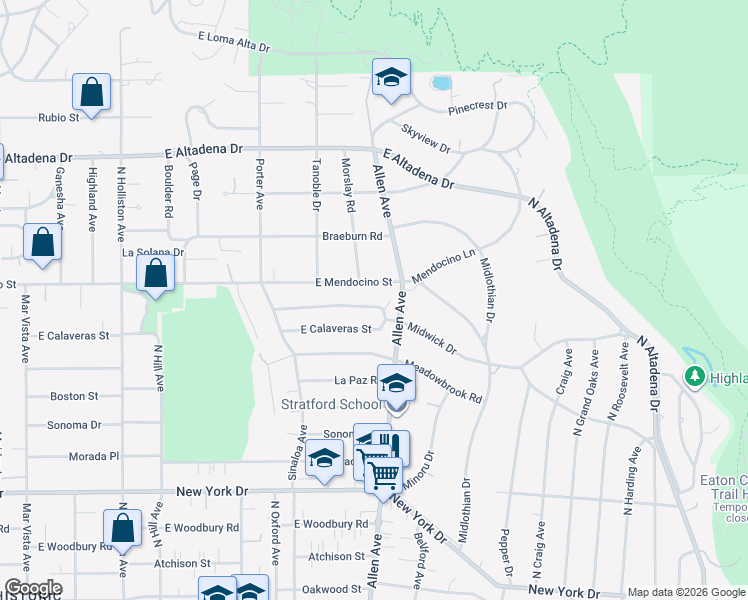 map of restaurants, bars, coffee shops, grocery stores, and more near 1816 Midwick Drive in Altadena