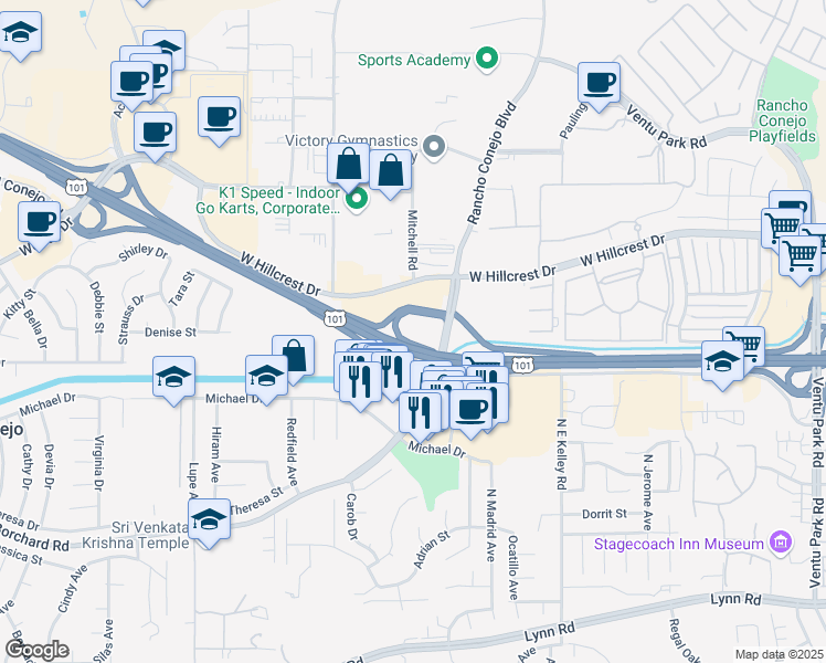 map of restaurants, bars, coffee shops, grocery stores, and more near 475 Rancho Conejo Boulevard in Thousand Oaks