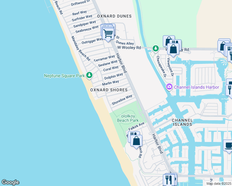 map of restaurants, bars, coffee shops, grocery stores, and more near 5000 Island View Street in Oxnard