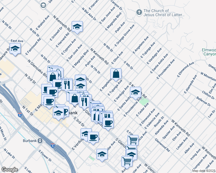 map of restaurants, bars, coffee shops, grocery stores, and more near 614 East Angeleno Avenue in Burbank