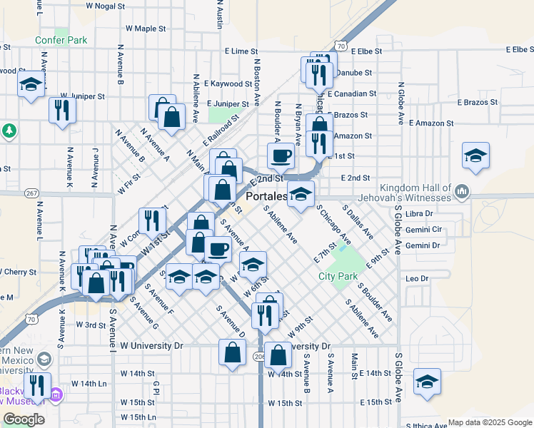 map of restaurants, bars, coffee shops, grocery stores, and more near 322 South Abilene Avenue in Portales
