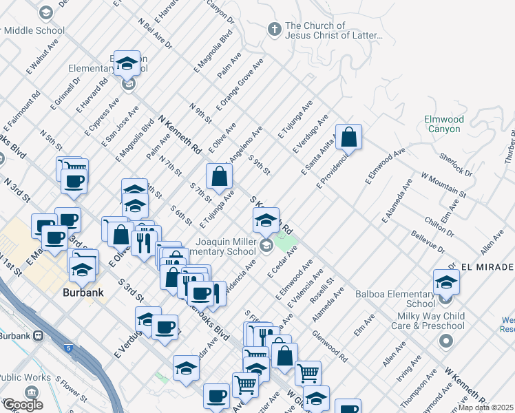 map of restaurants, bars, coffee shops, grocery stores, and more near 411 South Kenneth Road in Burbank