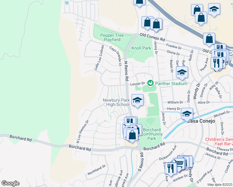 map of restaurants, bars, coffee shops, grocery stores, and more near 644 Martinique Place in Thousand Oaks