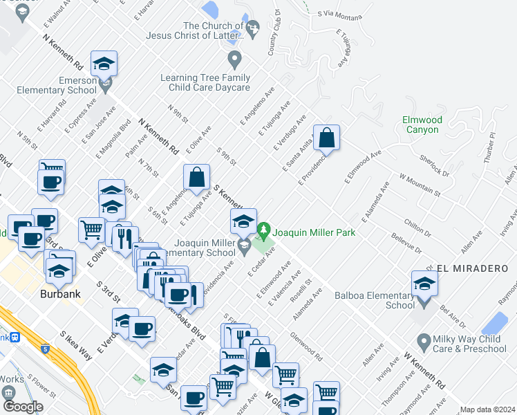 map of restaurants, bars, coffee shops, grocery stores, and more near 816 East Santa Anita Avenue in Burbank