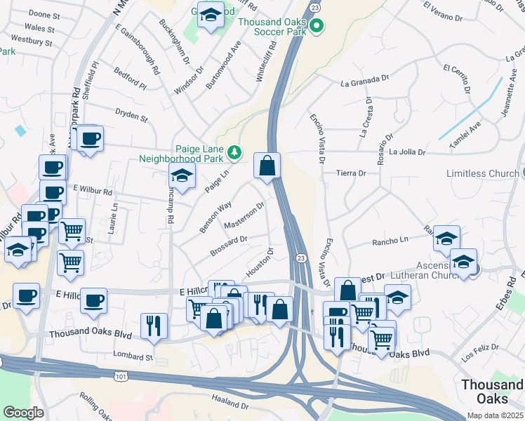 map of restaurants, bars, coffee shops, grocery stores, and more near 515 Houston Drive in Thousand Oaks