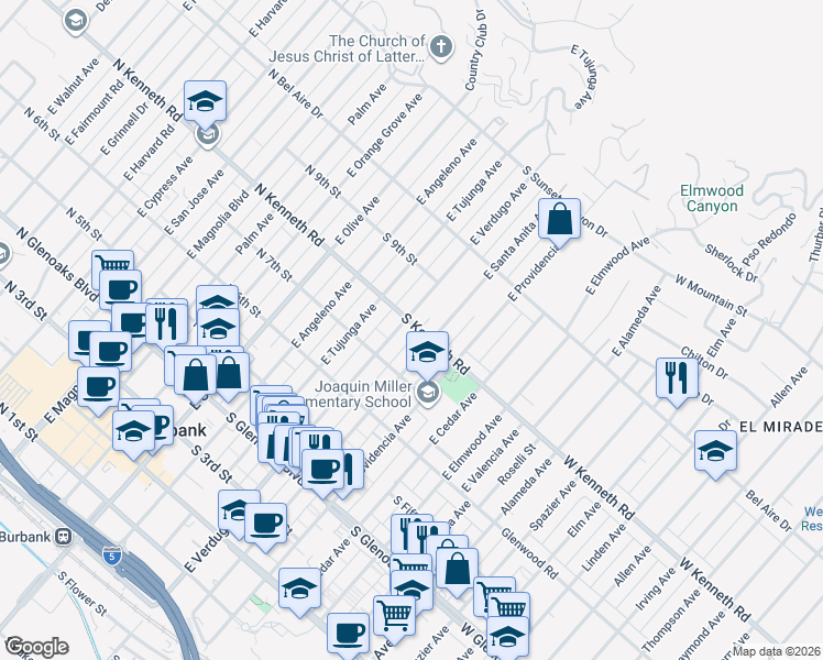 map of restaurants, bars, coffee shops, grocery stores, and more near 422 South Kenneth Road in Burbank