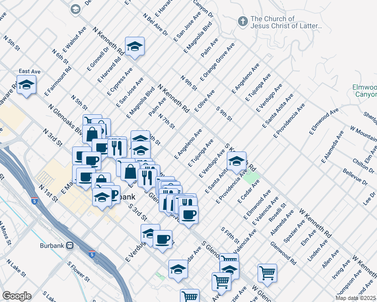 map of restaurants, bars, coffee shops, grocery stores, and more near 614 East Angeleno Avenue in Burbank