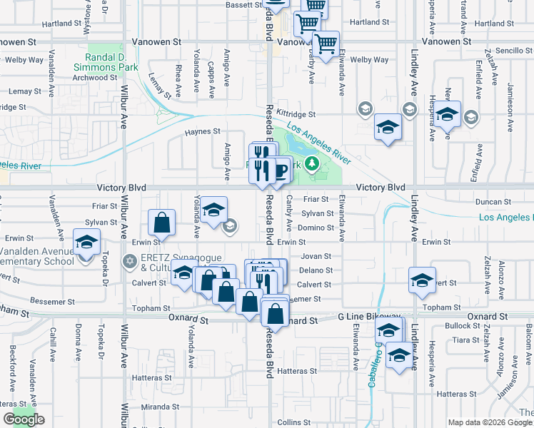 map of restaurants, bars, coffee shops, grocery stores, and more near 6322 Reseda Boulevard in Los Angeles