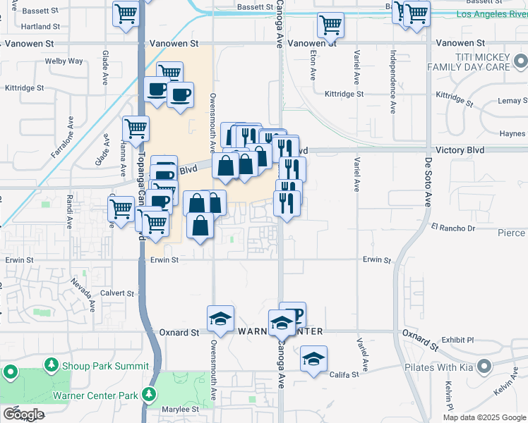 map of restaurants, bars, coffee shops, grocery stores, and more near 6333 Canoga Avenue in Los Angeles