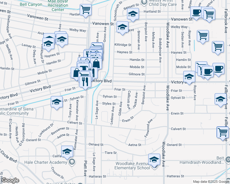 map of restaurants, bars, coffee shops, grocery stores, and more near 23507 Sylvan Street in Los Angeles