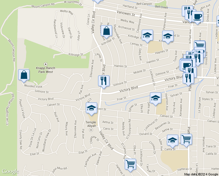 map of restaurants, bars, coffee shops, grocery stores, and more near 24313 Victory Boulevard in Los Angeles