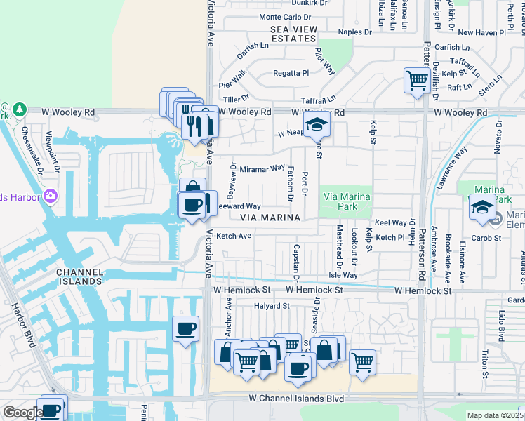 map of restaurants, bars, coffee shops, grocery stores, and more near 3621 Keel Avenue in Oxnard