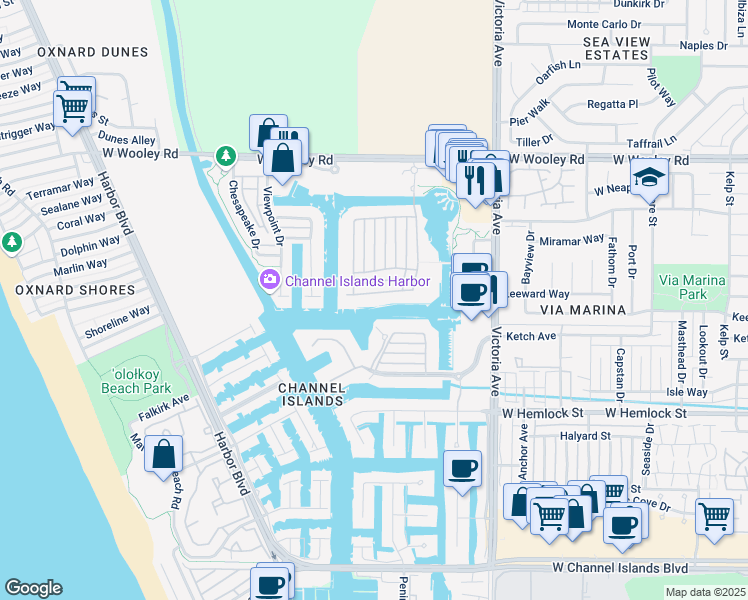 map of restaurants, bars, coffee shops, grocery stores, and more near 4114 Caribbean Street in Oxnard