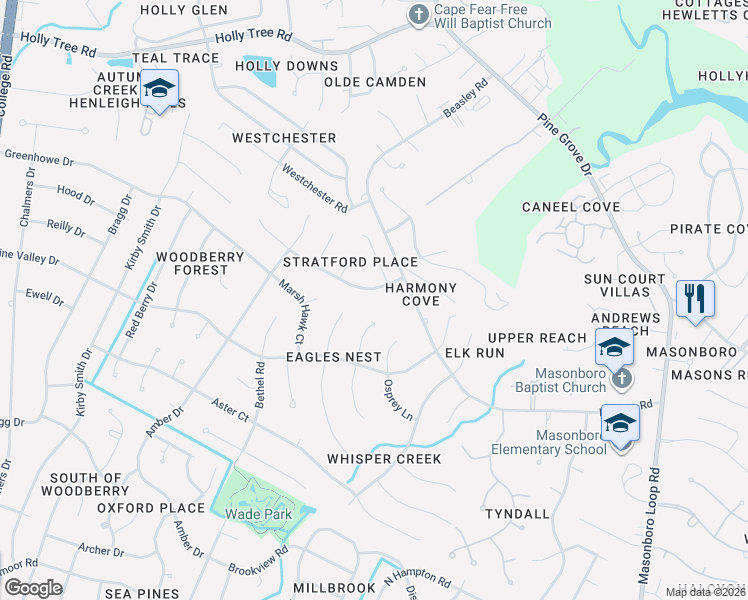 map of restaurants, bars, coffee shops, grocery stores, and more near 3402 Talon Court in Wilmington