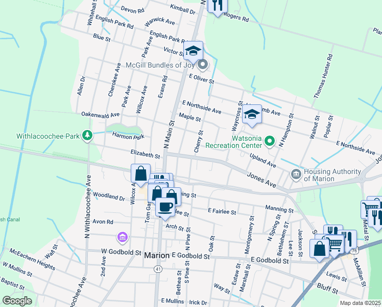 map of restaurants, bars, coffee shops, grocery stores, and more near 210 Jones Avenue in Marion