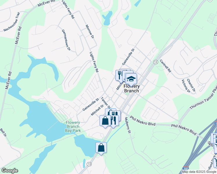 map of restaurants, bars, coffee shops, grocery stores, and more near 5824 Gainesville Street in Flowery Branch