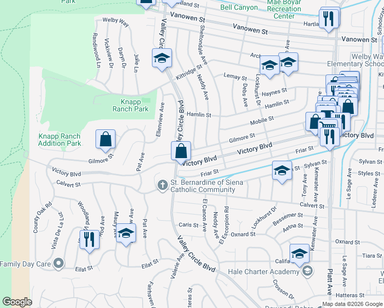 map of restaurants, bars, coffee shops, grocery stores, and more near 24313 Victory Boulevard in Los Angeles