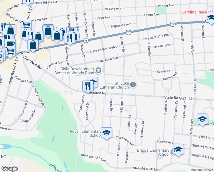 map of restaurants, bars, coffee shops, grocery stores, and more near 700 Saluda Drive in Florence