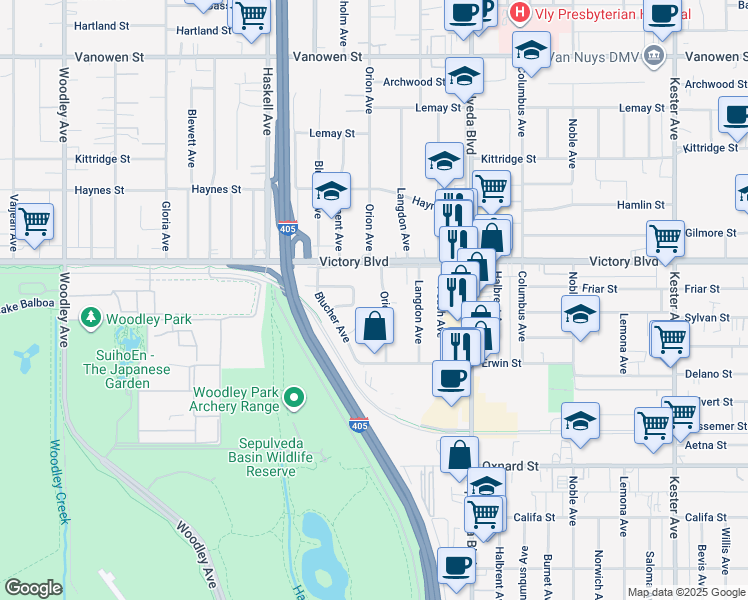 map of restaurants, bars, coffee shops, grocery stores, and more near 6317 Orion Avenue in Los Angeles