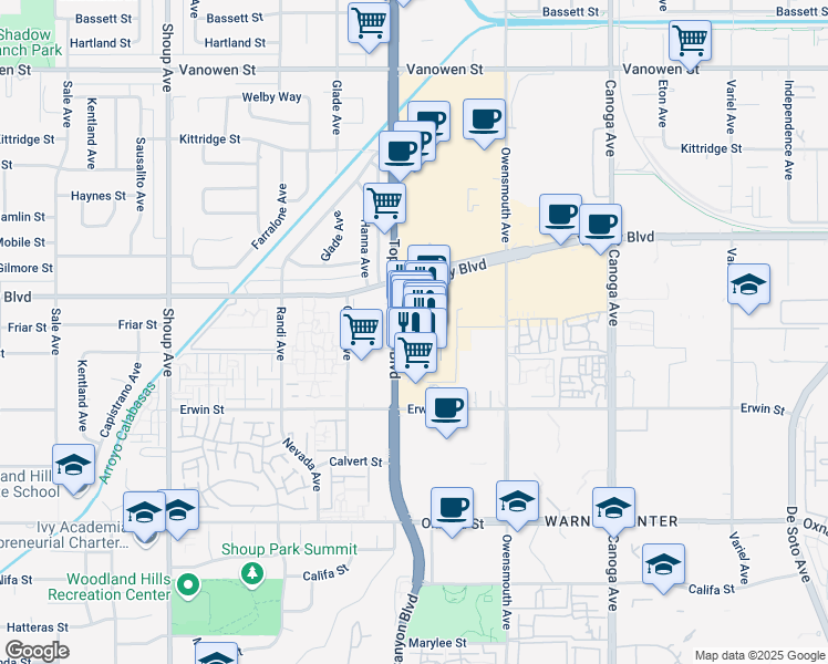map of restaurants, bars, coffee shops, grocery stores, and more near 6320 Topanga Canyon Boulevard in Los Angeles