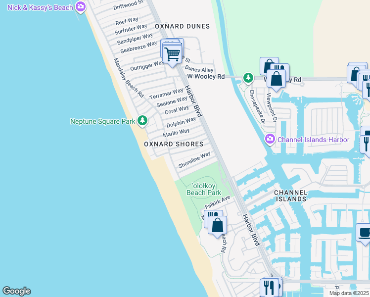 map of restaurants, bars, coffee shops, grocery stores, and more near 5000 Island View Street in Oxnard